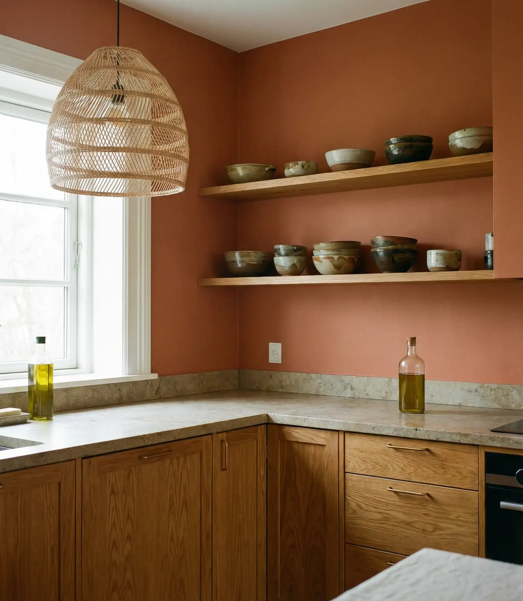 Warm Terracotta Walls with Natural Oak Cabinetry 1
