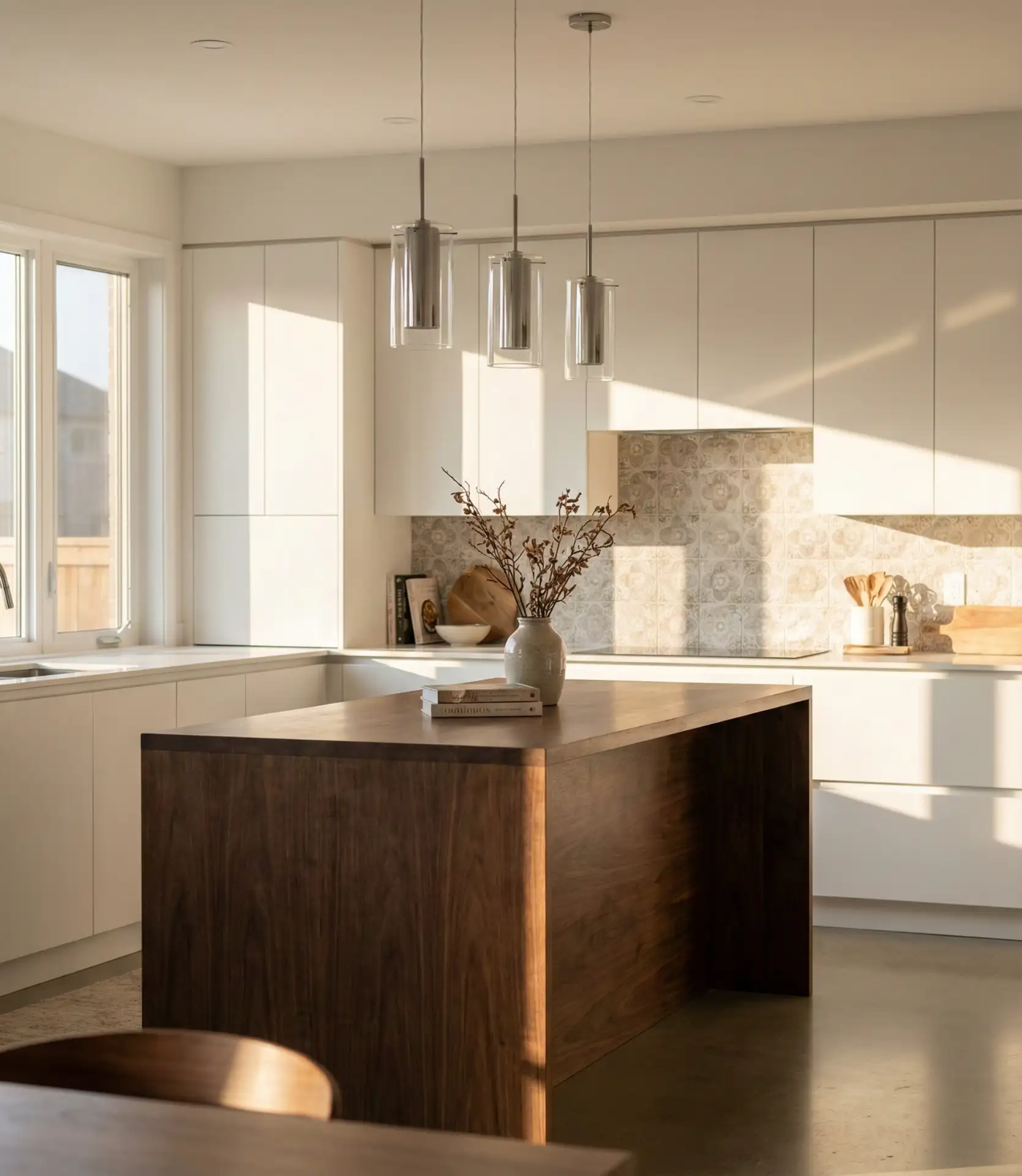 Warm White Cabinets with Walnut Accents 1