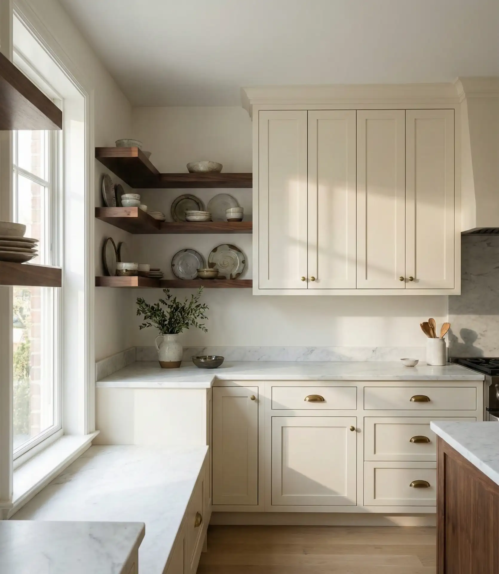 Warm White Cabinets with Walnut Accents 2