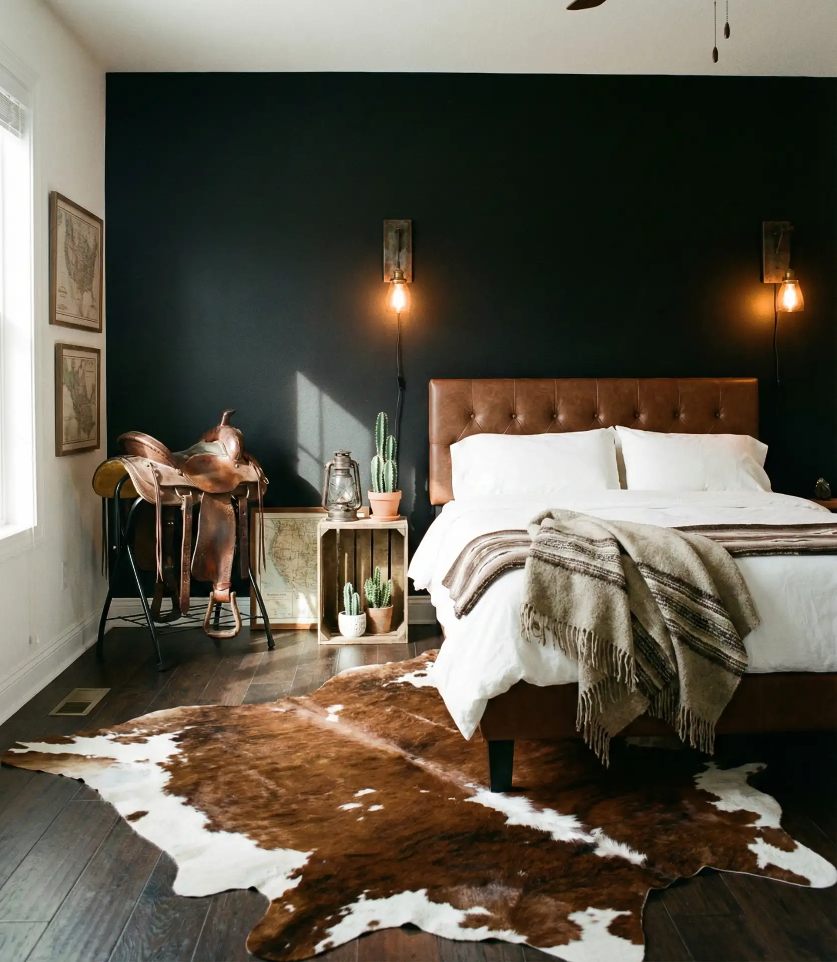 Western-Inspired Black Accent Wall with Leather and Cowhide 2
