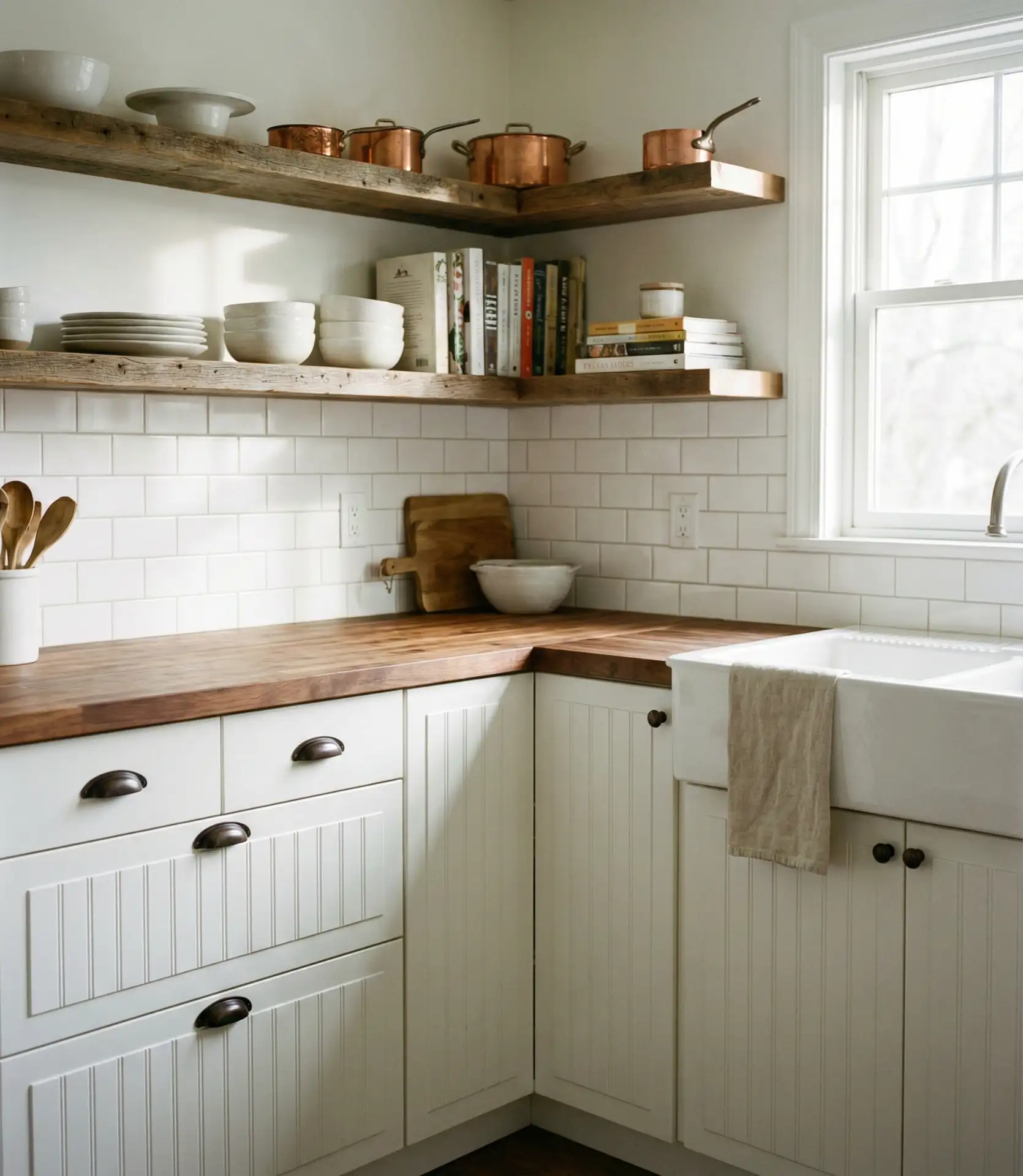 White Farmhouse Cabinets with Beadboard Detailing 1