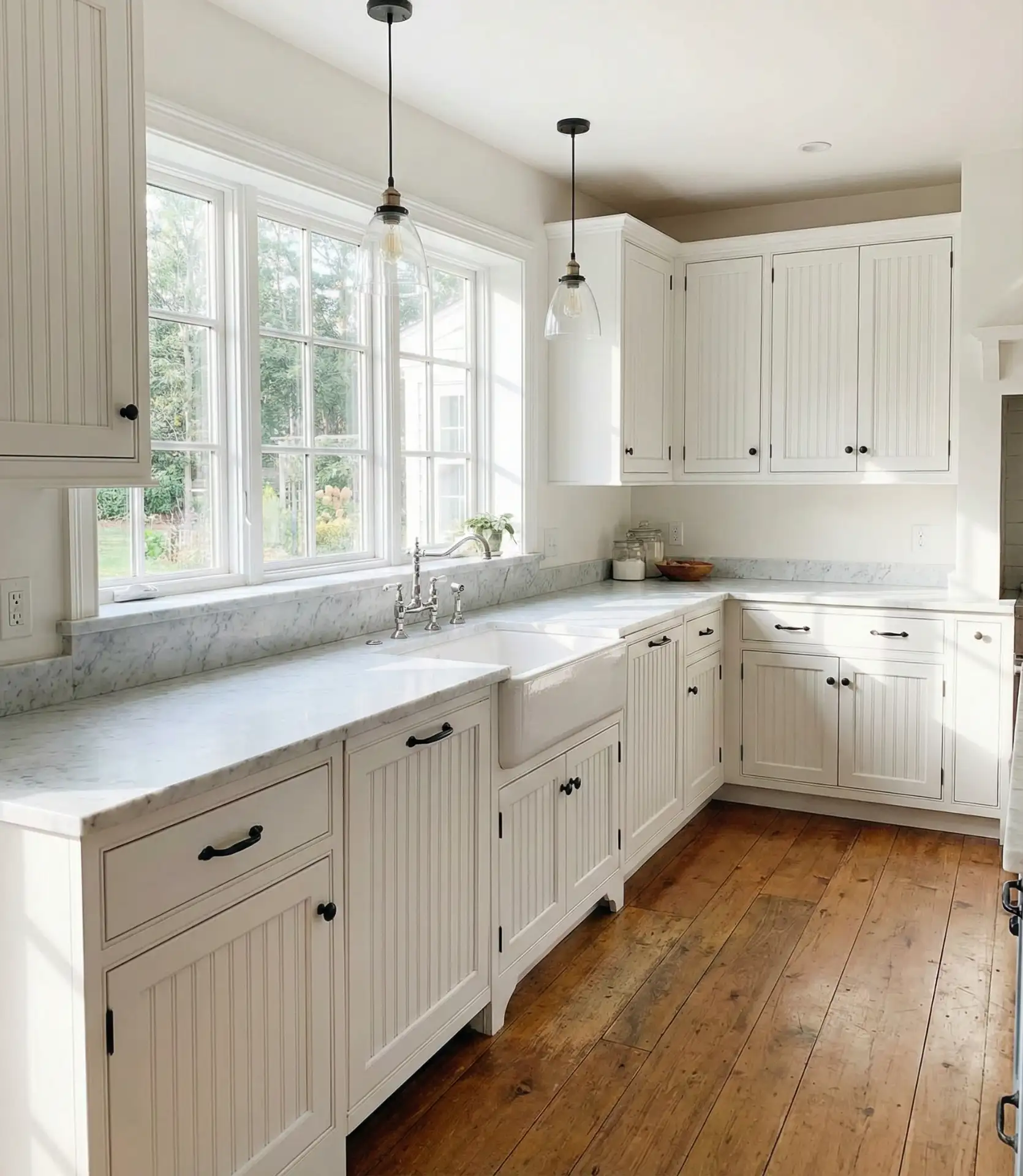 White Farmhouse Cabinets with Beadboard Detailing 2