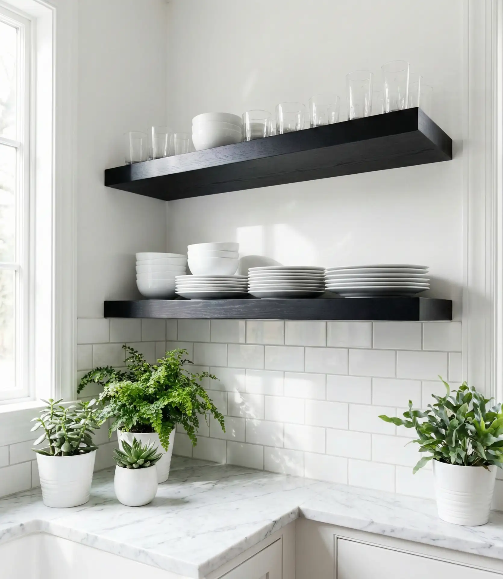 White Kitchen with Black Open Shelving 1