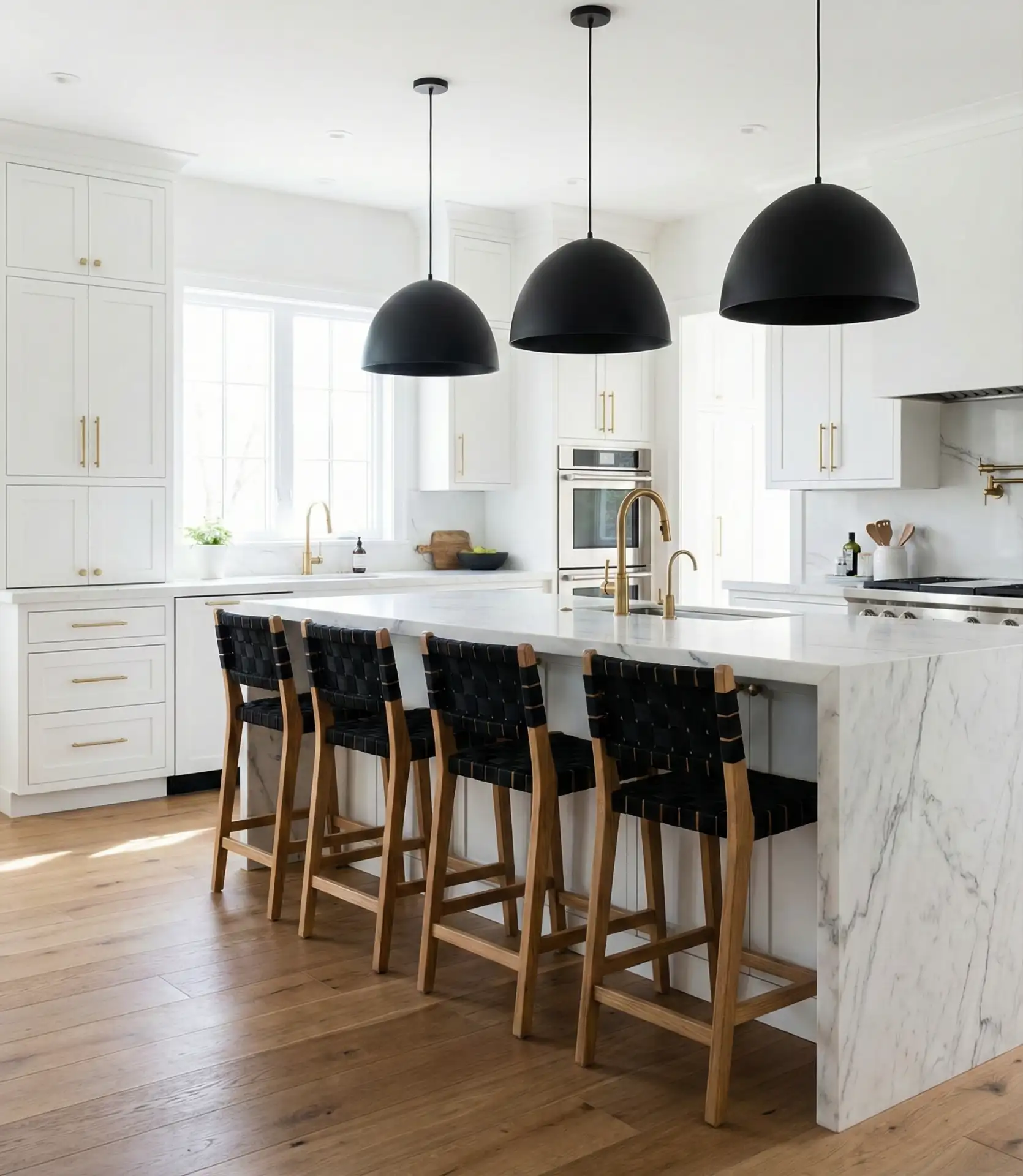 White Kitchen with Black Pendant Lights 1
