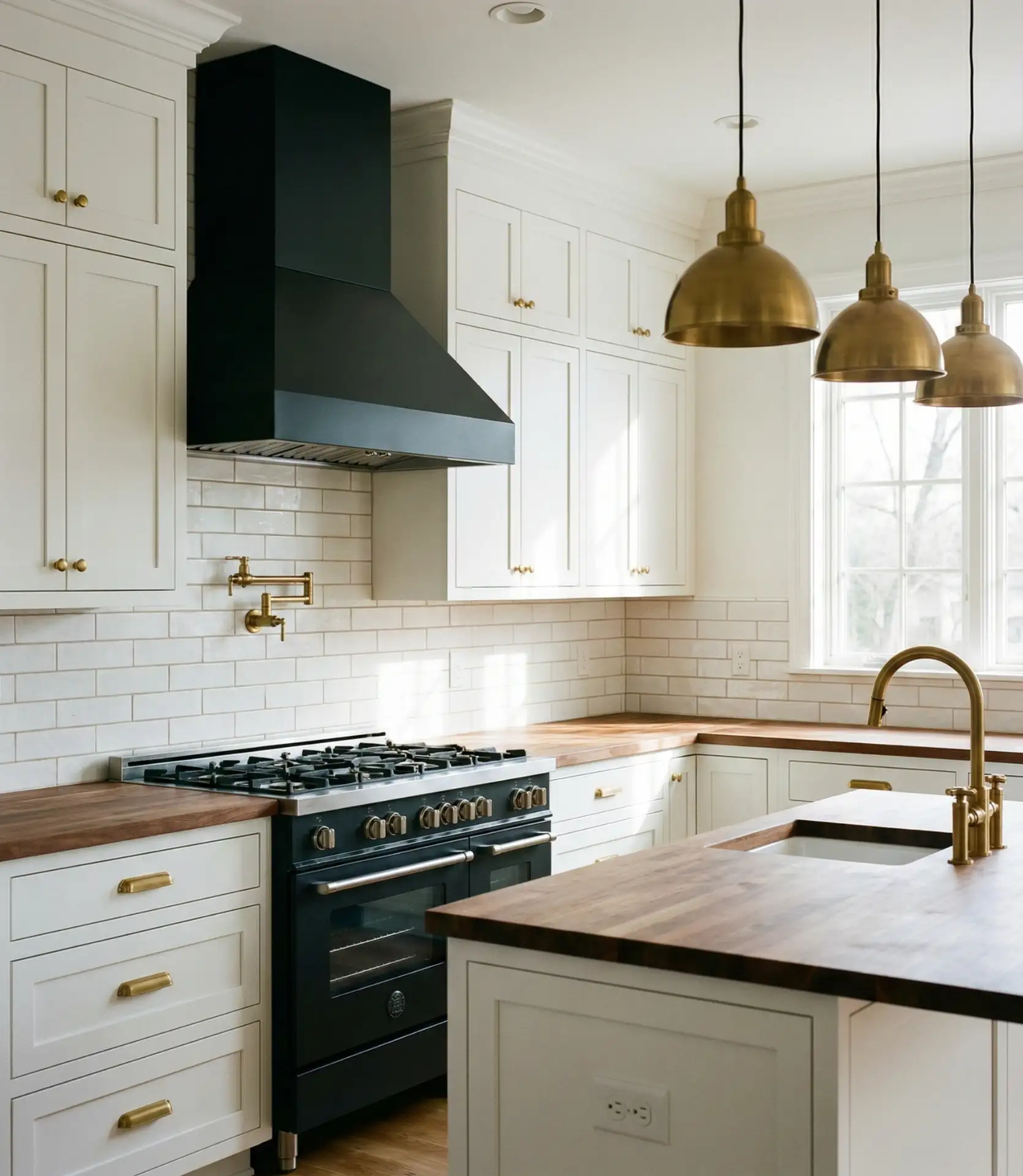 White Kitchen with Black Range and Hood 1
