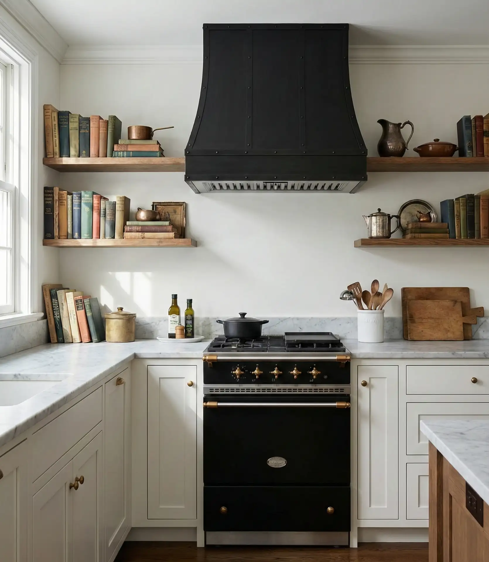 White Kitchen with Black Range and Hood 2