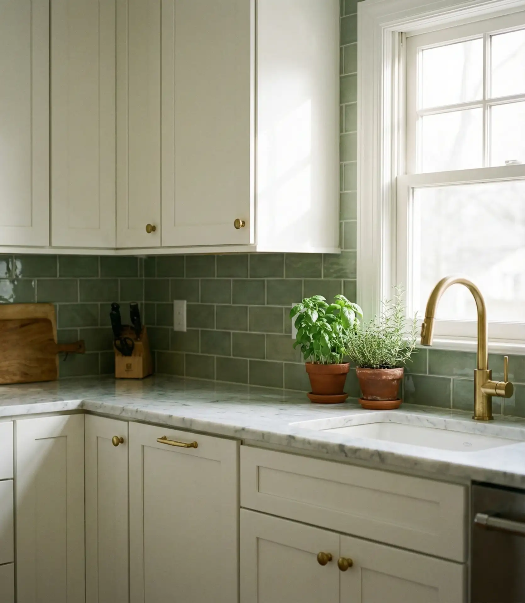 White Kitchen with Green Backsplash 1