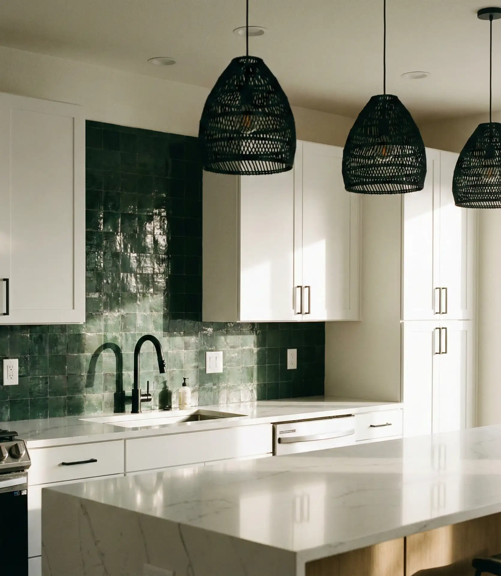 White Kitchen with Green Backsplash 2