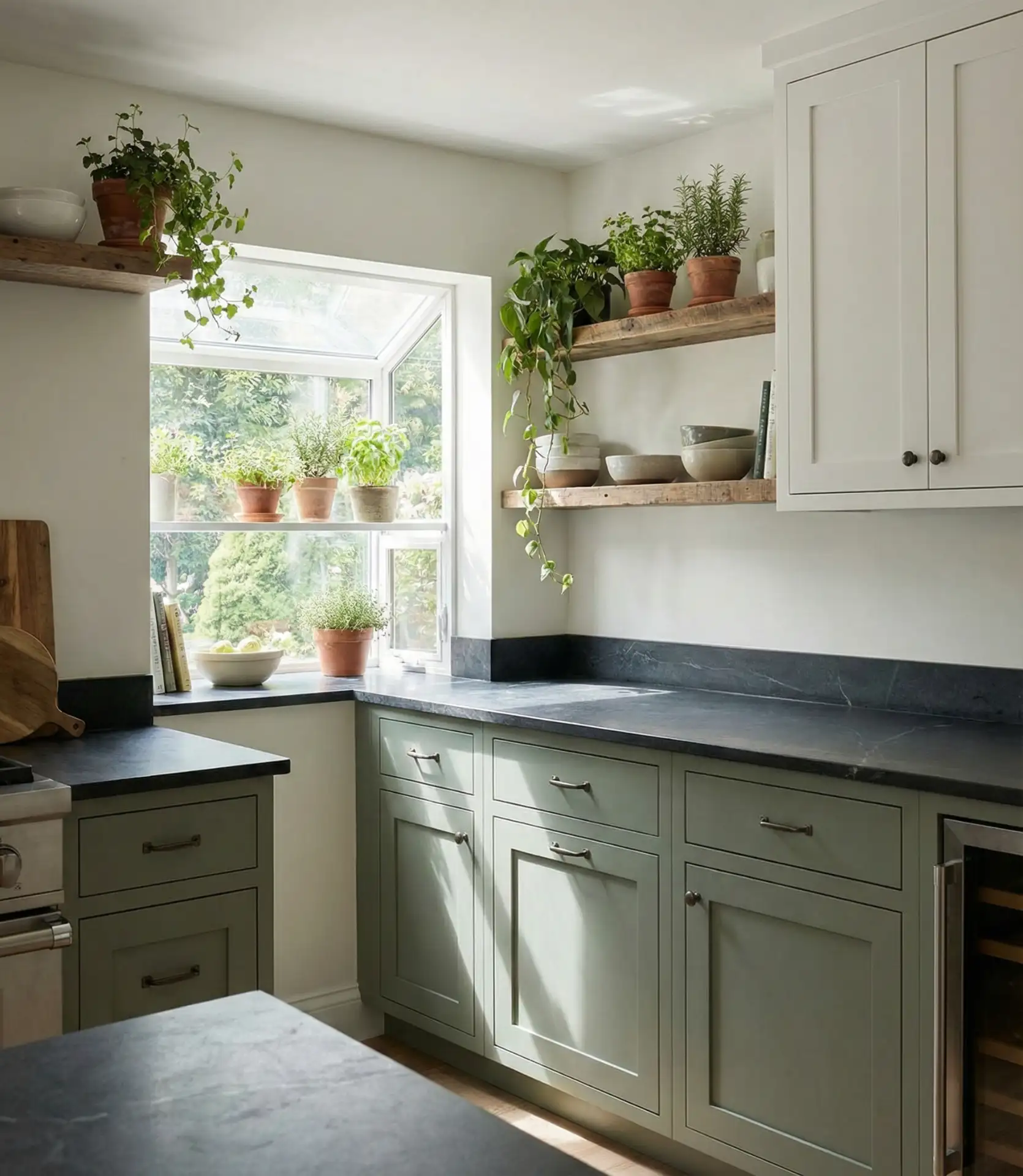 White Kitchen with Green and Natural Materials 2