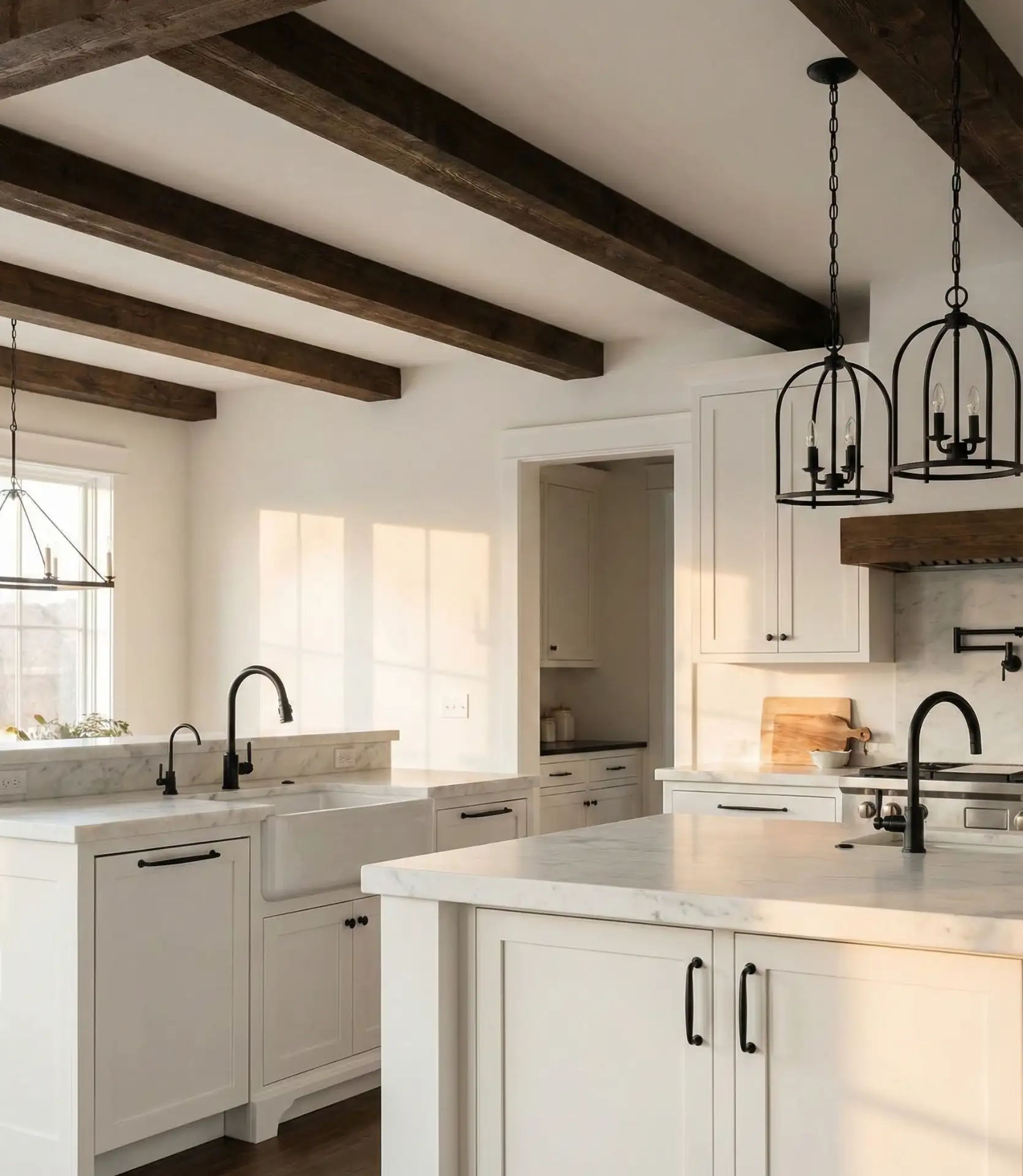 White Kitchen with Wood Accent Ceiling Beams 1