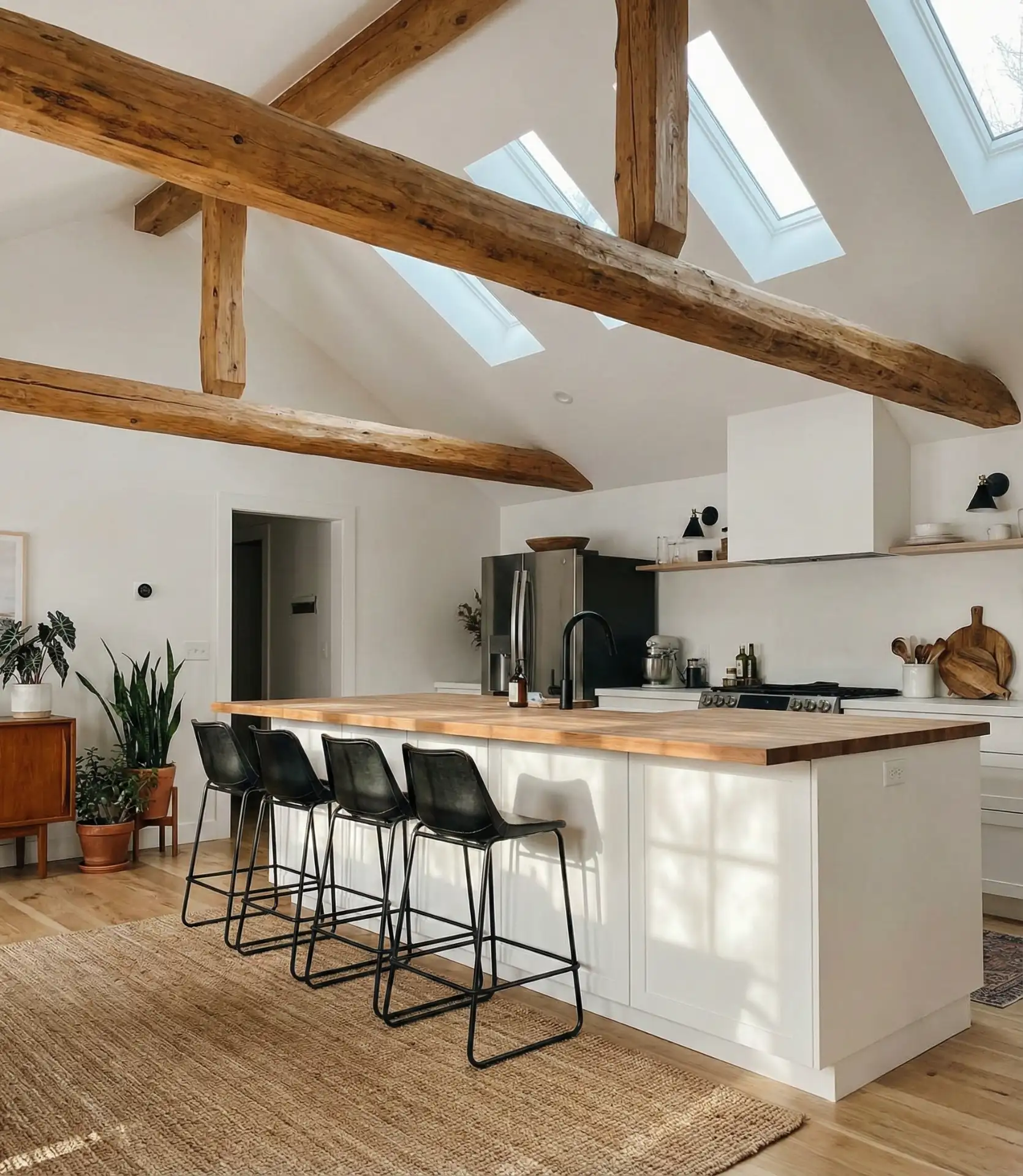 White Kitchen with Wood Accent Ceiling Beams 2
