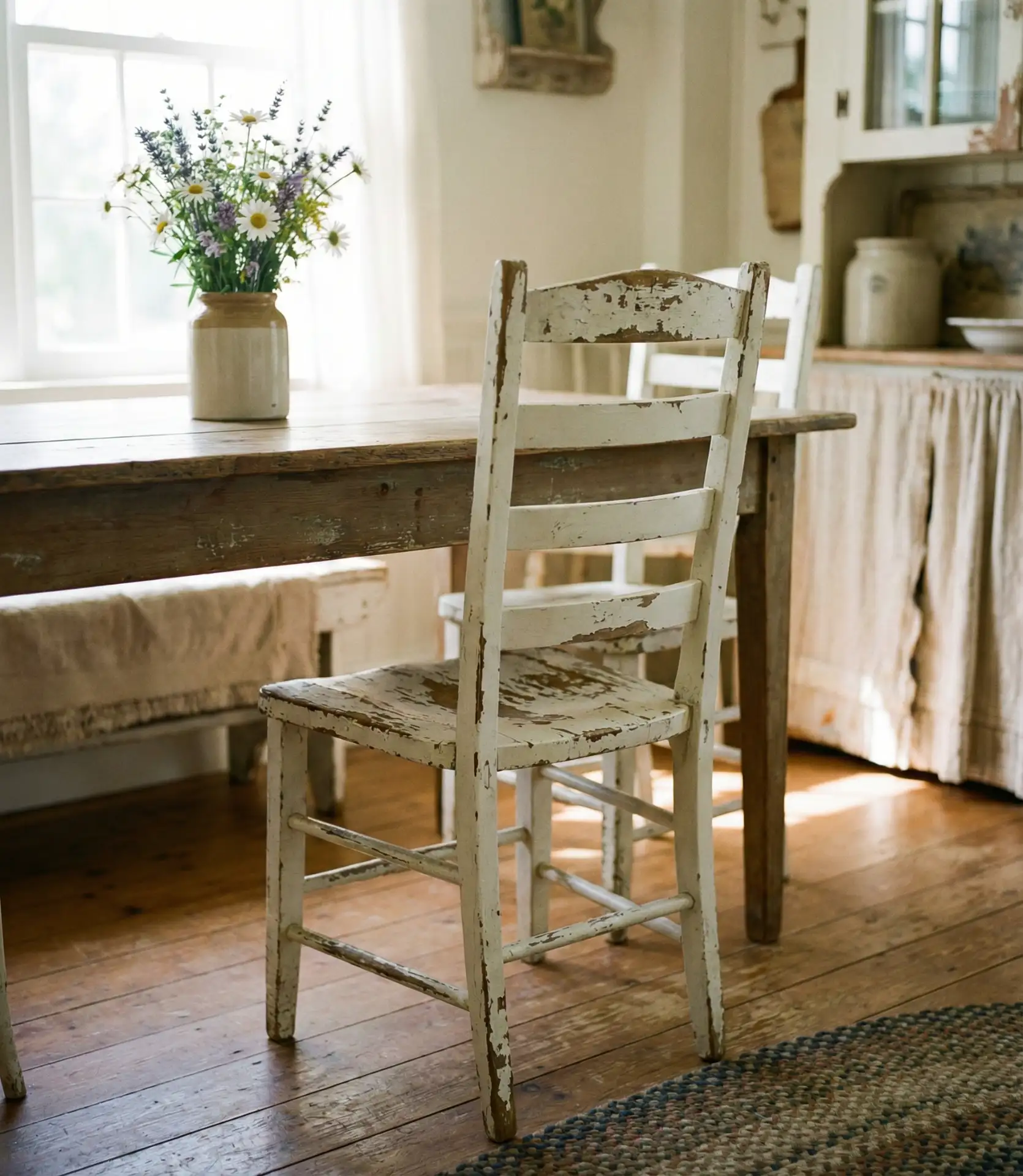 White Painted Farmhouse Chairs with Distressed Finish 2