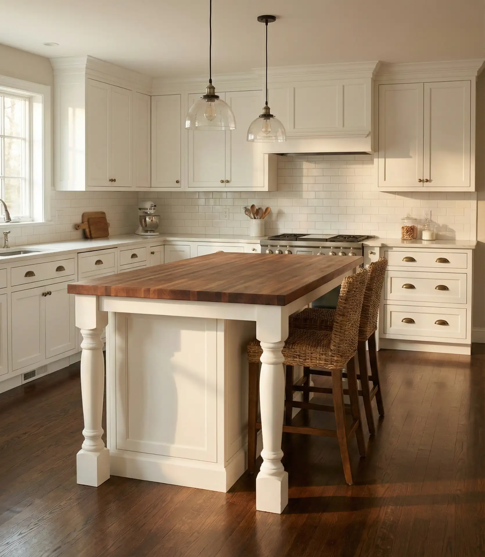 White Traditional Kitchen with Furniture-Style Island 1