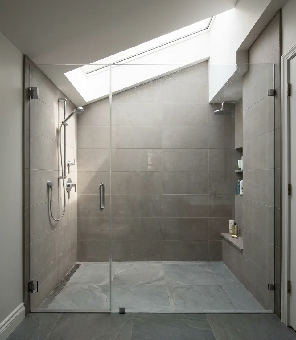 Basement Bathroom Shower with Skylight and Neutral Tile 1