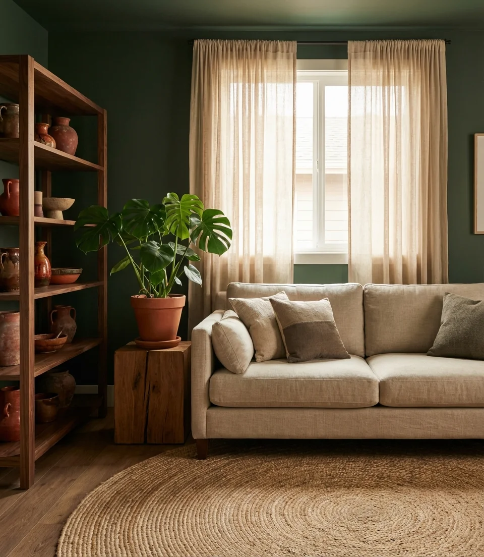 Beige Sofa With Forest Green and Wood 1