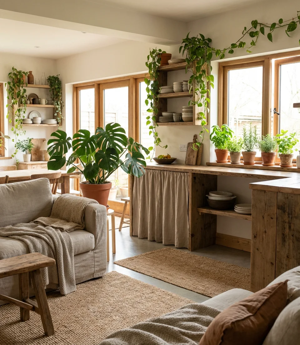 Biophilic Open Kitchen Living Room with Indoor Plants 1