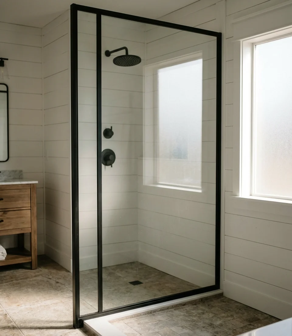 Black Frame Glass Divider in Modern Farmhouse Bath 1