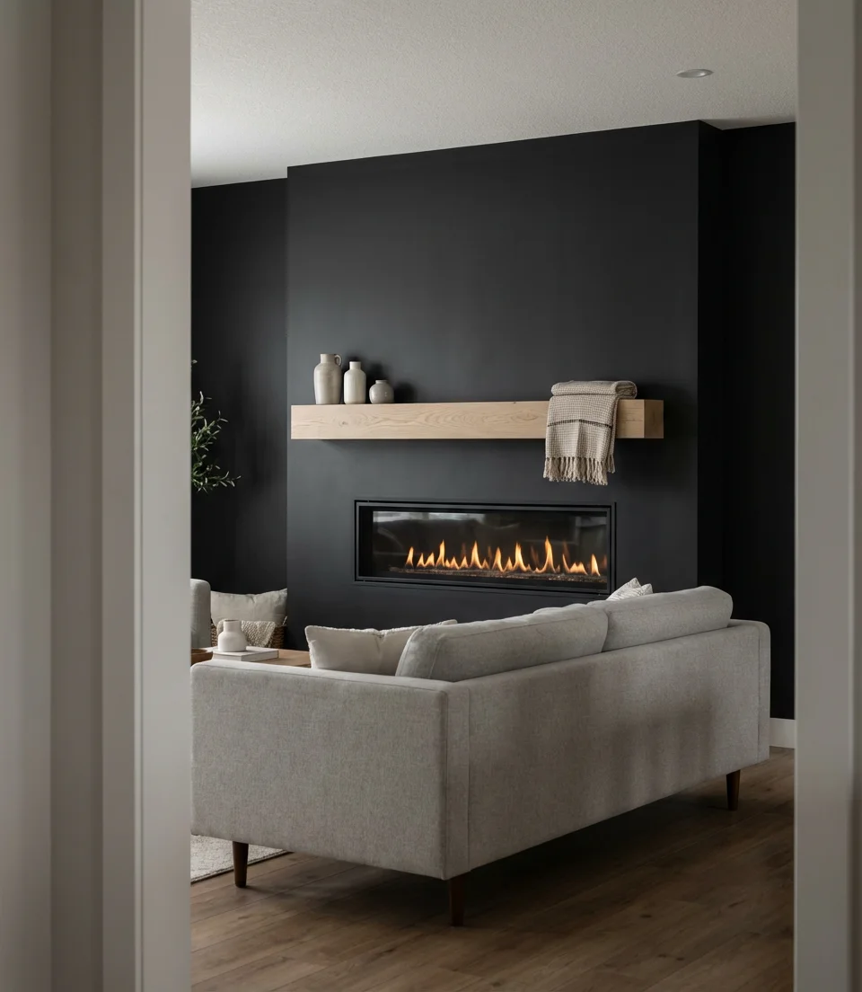 Black Matte Wall Framing a Gas Fireplace 1