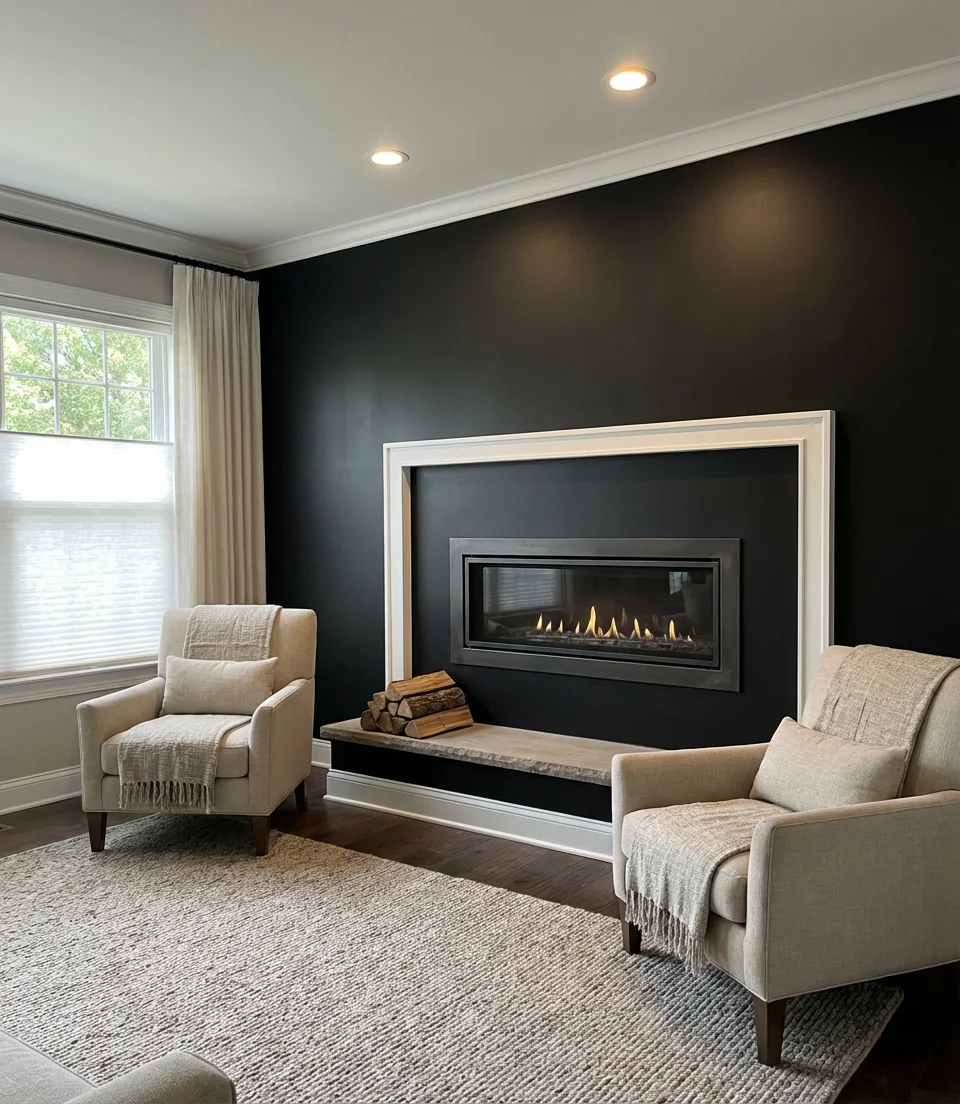 Black Matte Wall Framing a Gas Fireplace 2