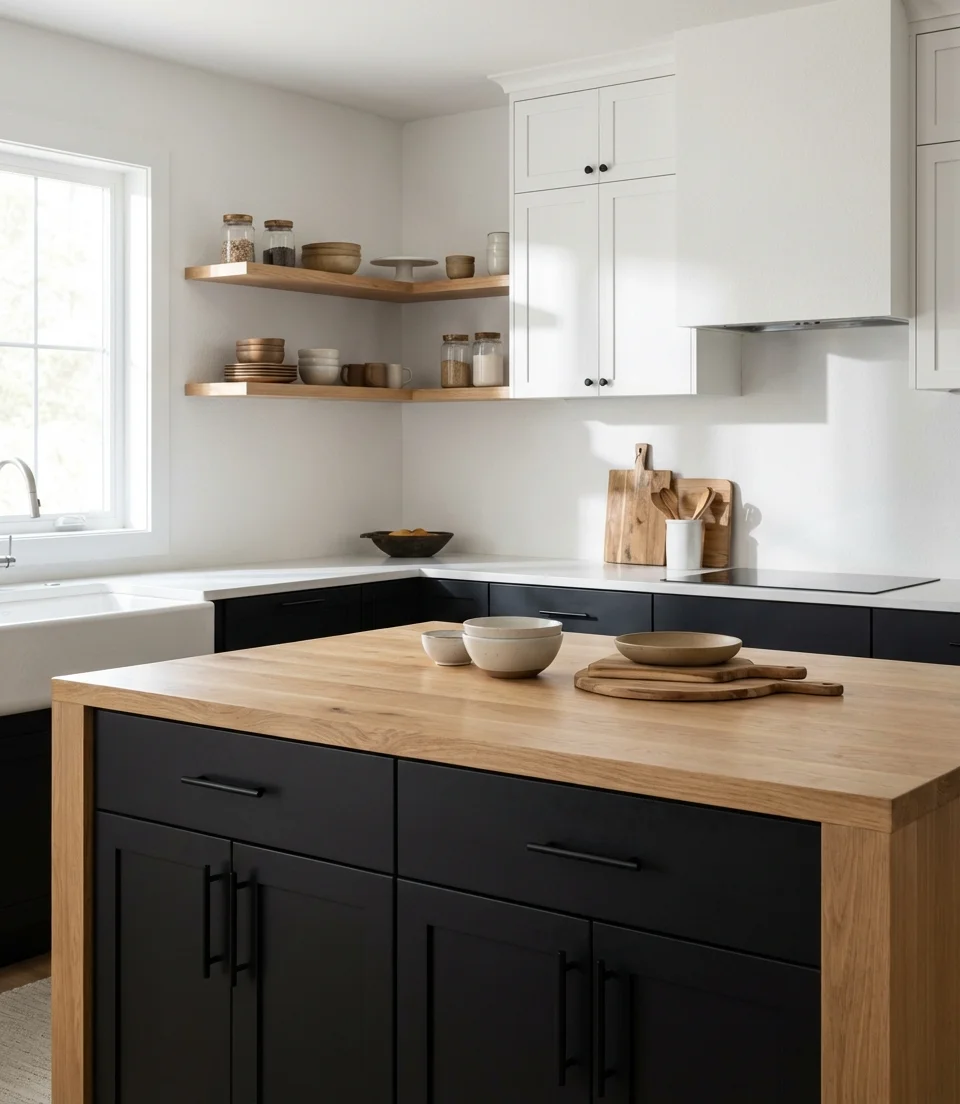 Black and White Kitchen with Oak Wood Accents 1