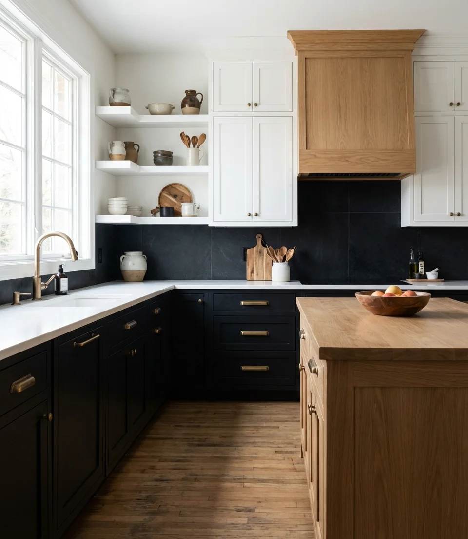 Black and White Kitchen with Oak Wood Accents 2