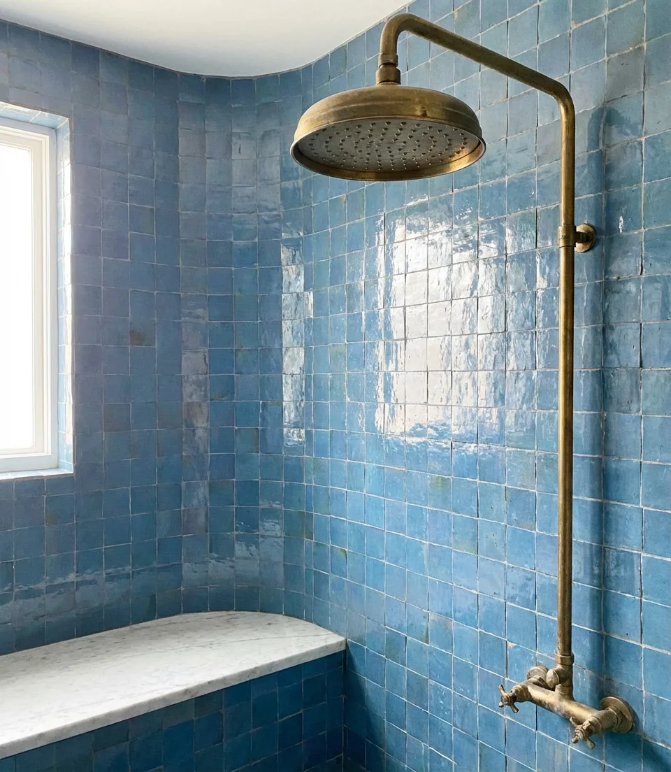 Blue Tile Feature Wall with Brass Fixtures 2