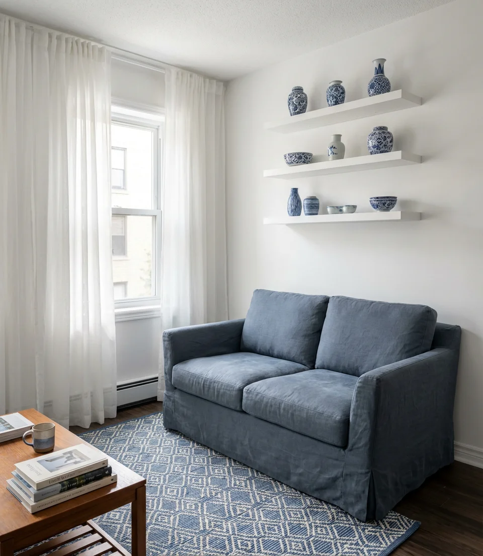 Blue and White Apartment Living Room on a Budget 1