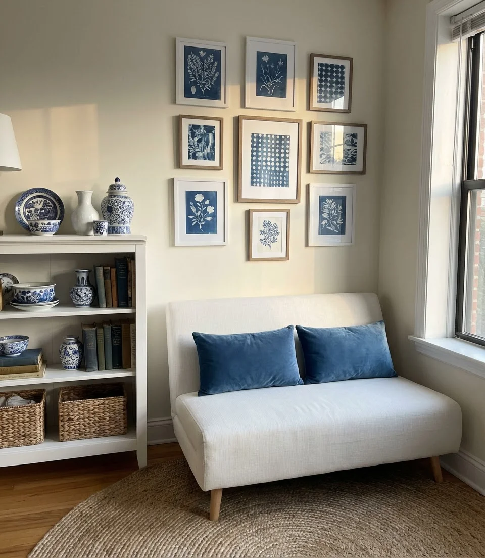 Blue and White Apartment Living Room on a Budget 2