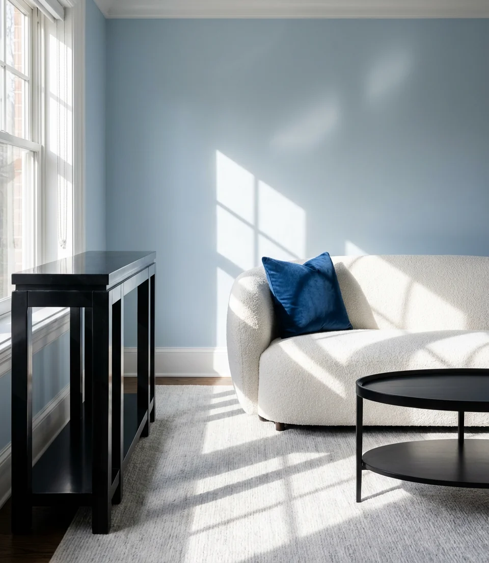 Blue and White Living Room with Bold Black Accents 2