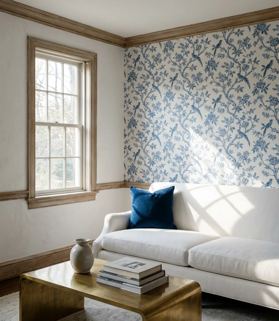 Blue and White Living Room with Patterned Wallpaper 1