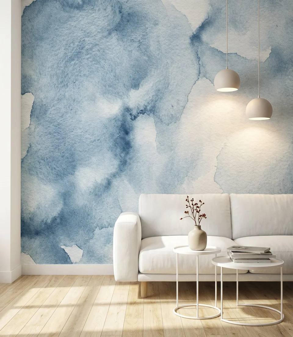 Blue and White Living Room with Patterned Wallpaper 2