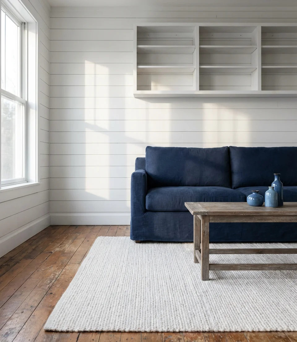 Blue and White Living Room with Shiplap or Board and Batten Walls 1