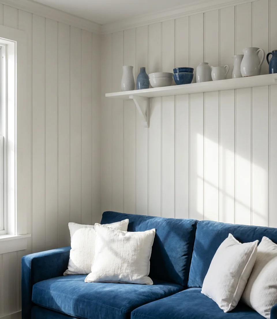 Blue and White Living Room with Shiplap or Board and Batten Walls 2