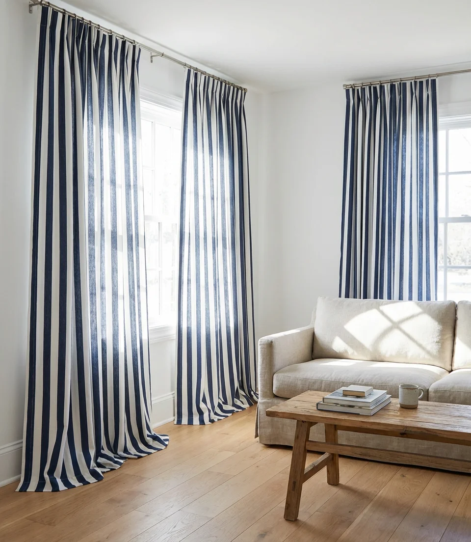 Blue and White Living Room with Statement Curtains 1