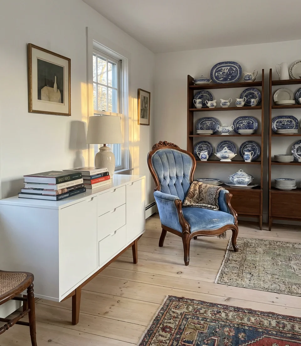 Blue and White Living Room with Vintage and Antique Finds 1