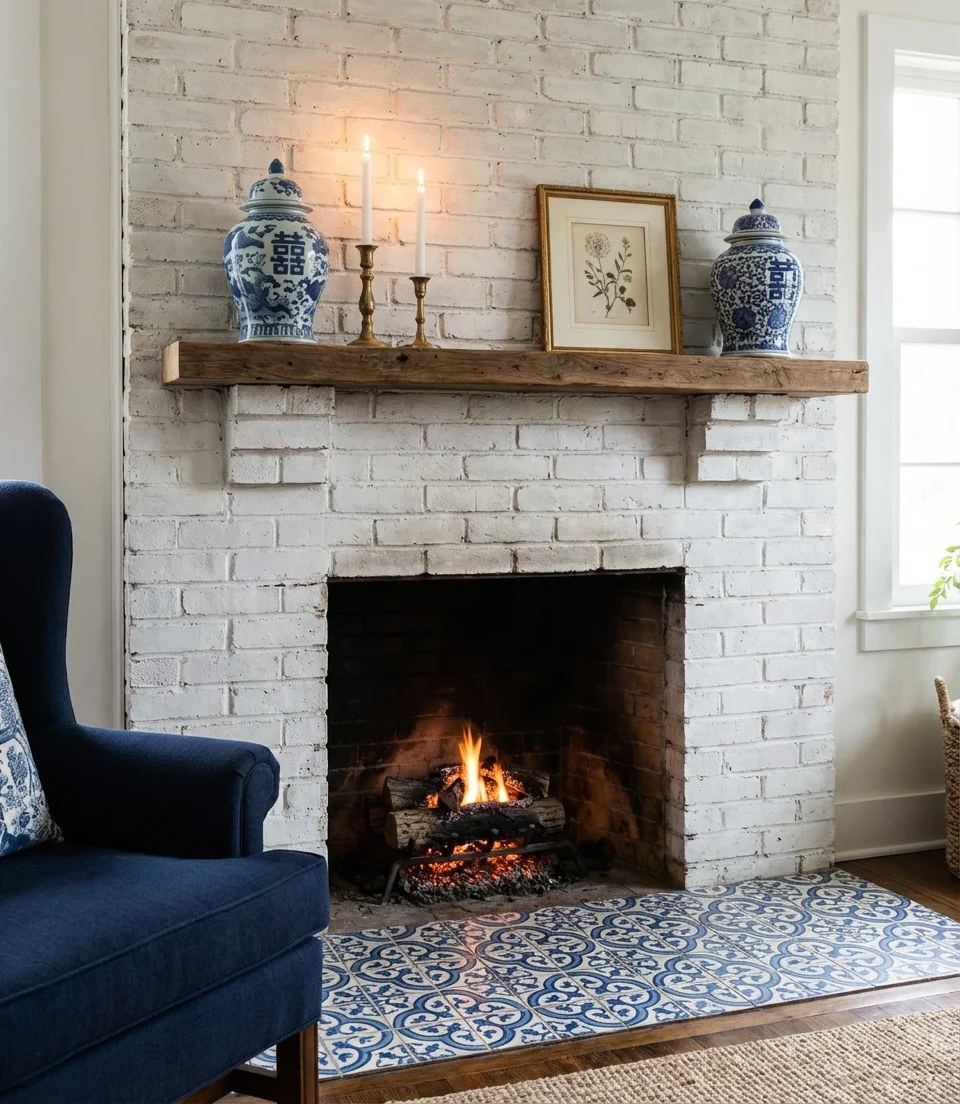 Blue and White Living Room with a Fireplace as the Focal Point 2