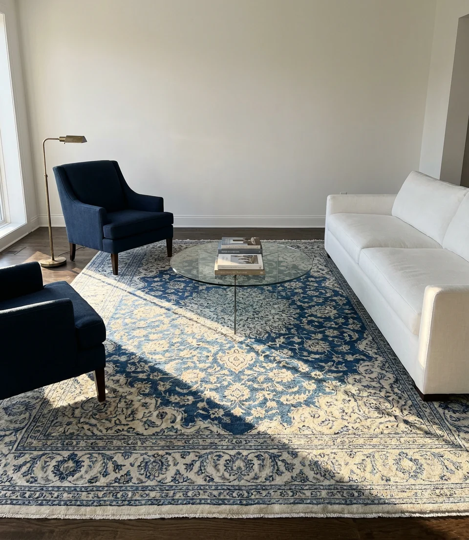 Blue and White Living Room with a Persian-Style Rug 1