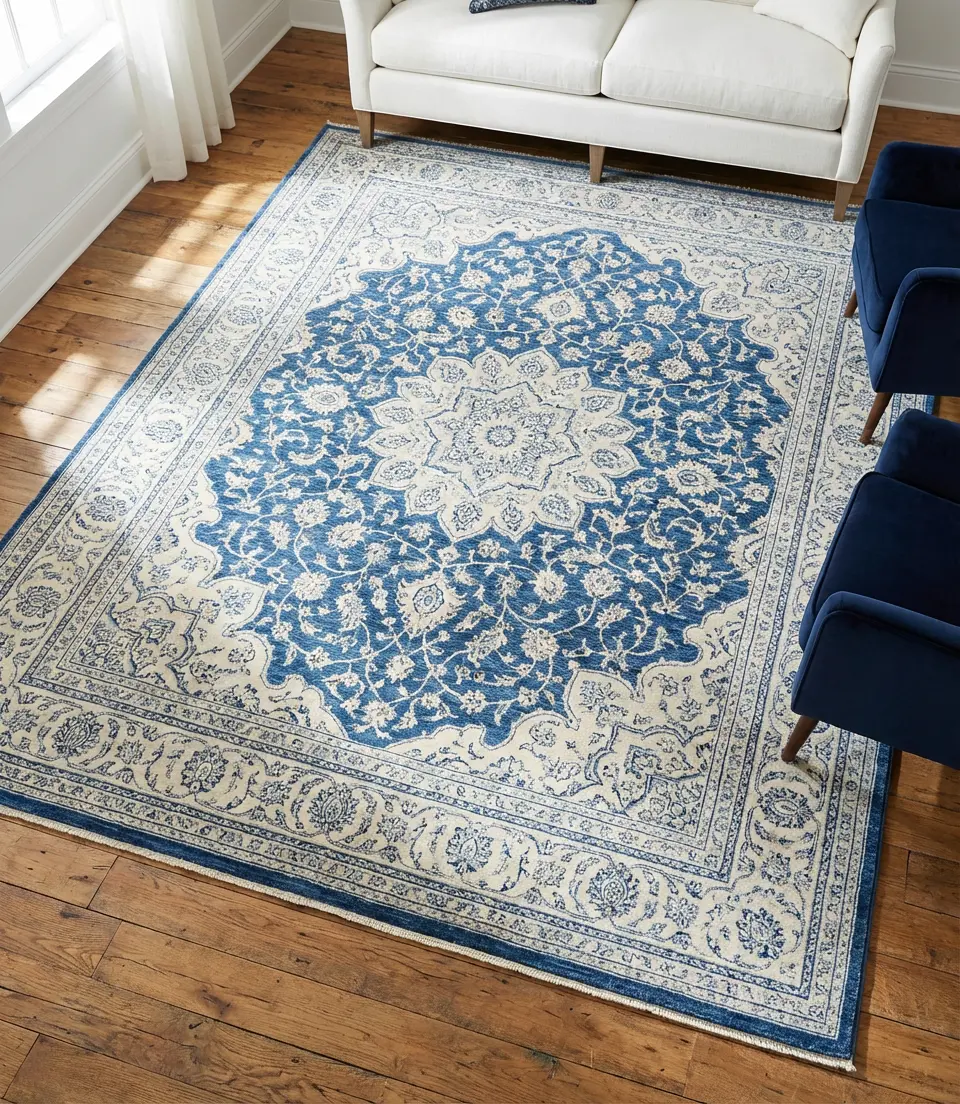 Blue and White Living Room with a Persian-Style Rug 2
