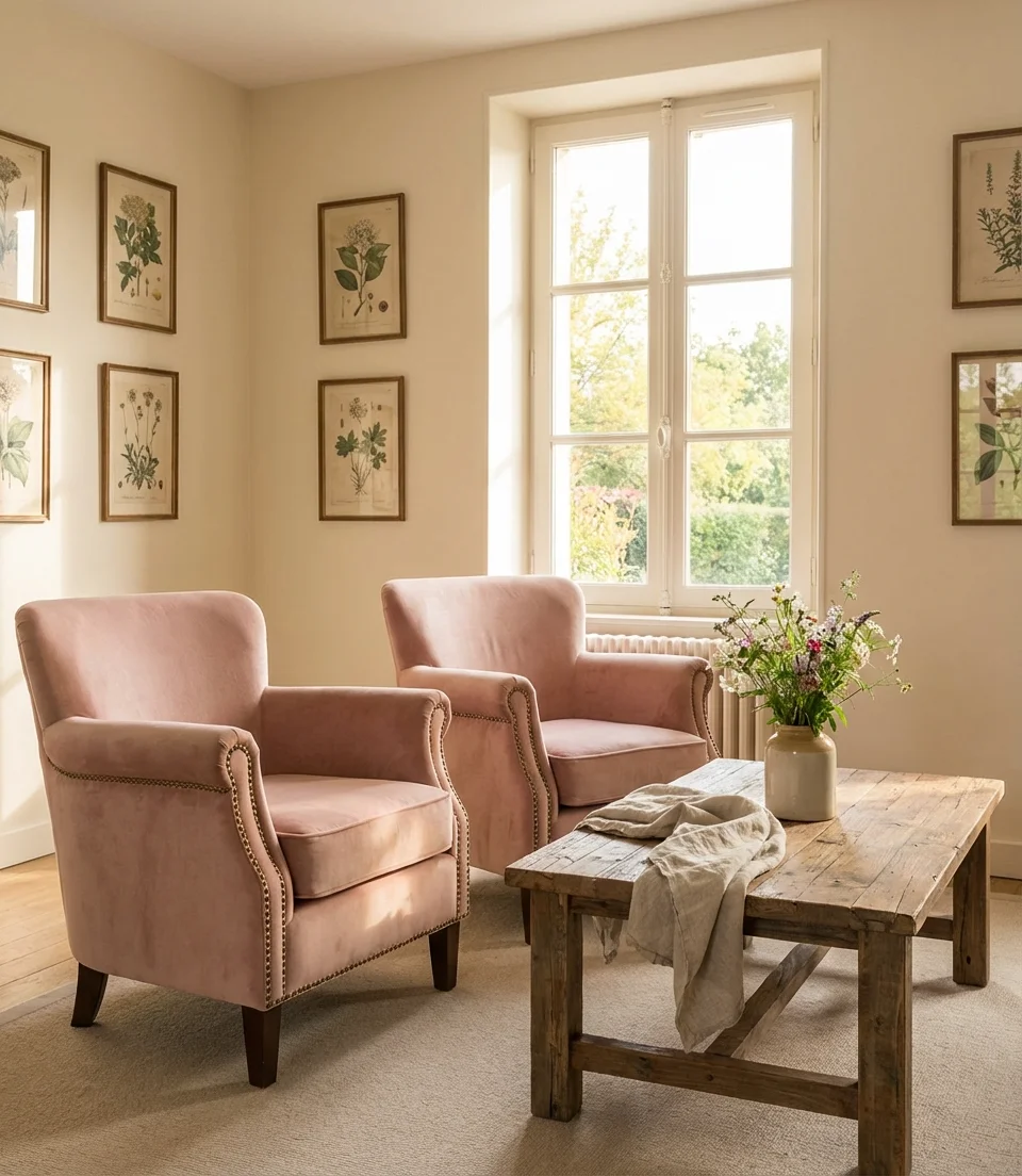 Blush Pink Velvet Chairs with Brass Accents 1