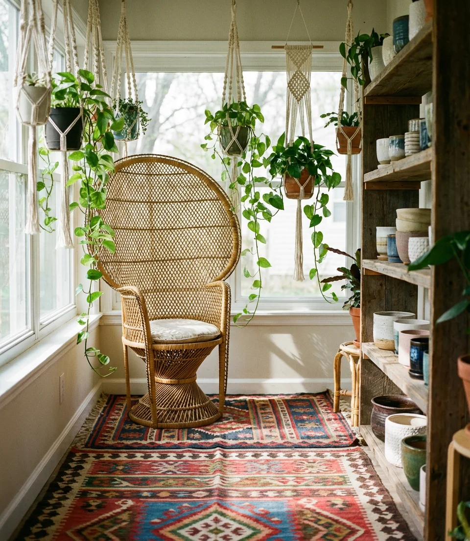 Bohemian Sunroom with Vintage Rattan and Hanging Plants 1