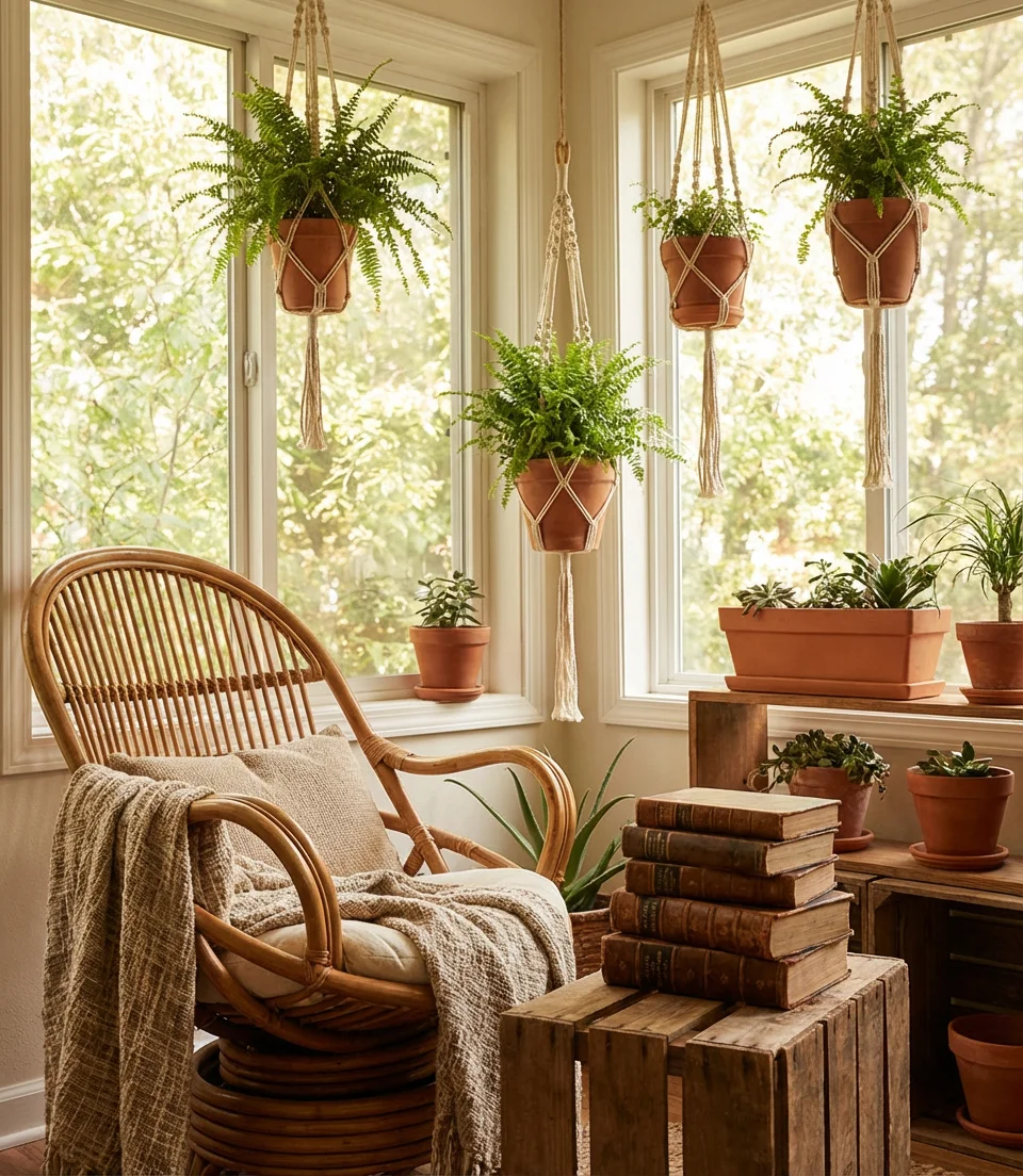 Bohemian Sunroom with Vintage Rattan and Hanging Plants 2