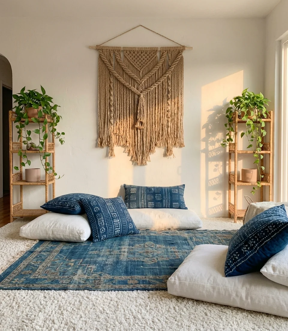 Boho Blue and White Living Room with Macramé and Layered Textiles 1