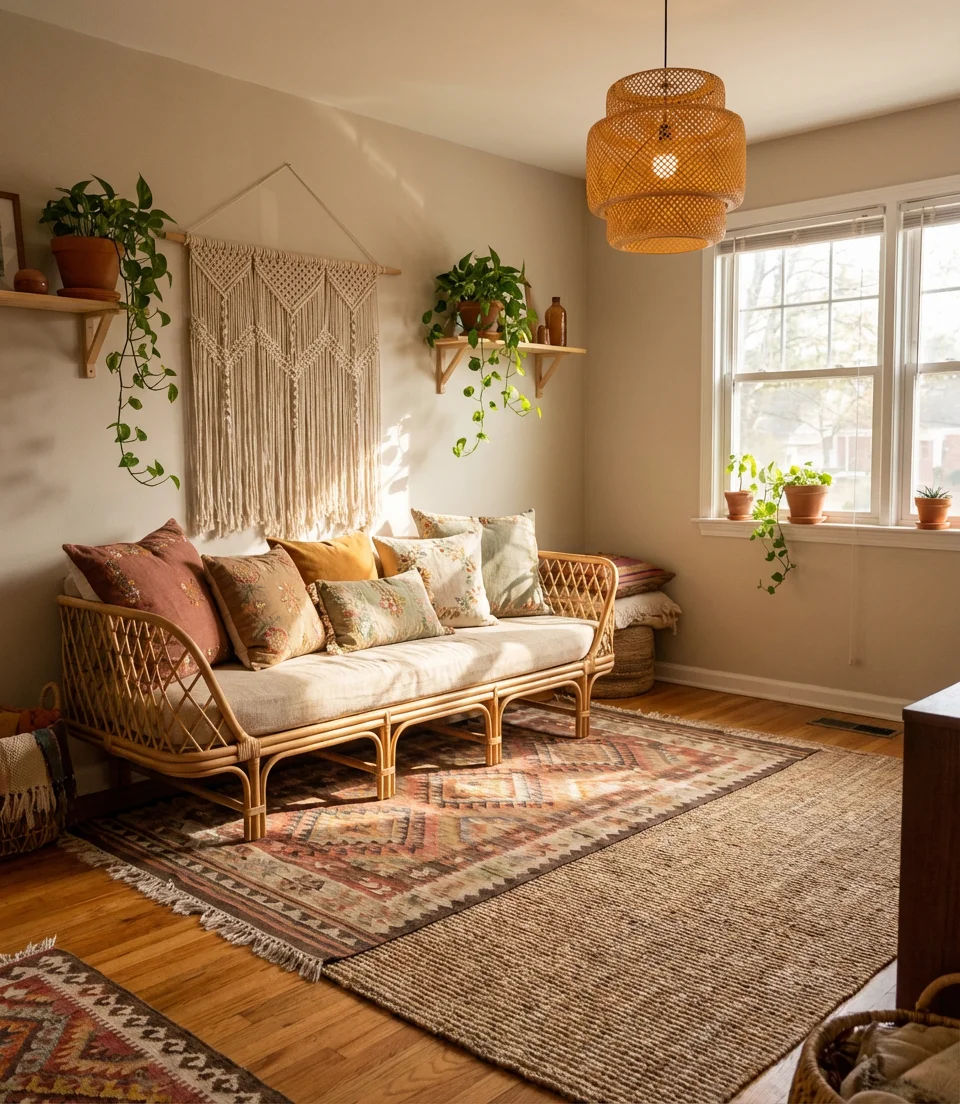 Boho Eclectic Living Room with Layered Rugs 1