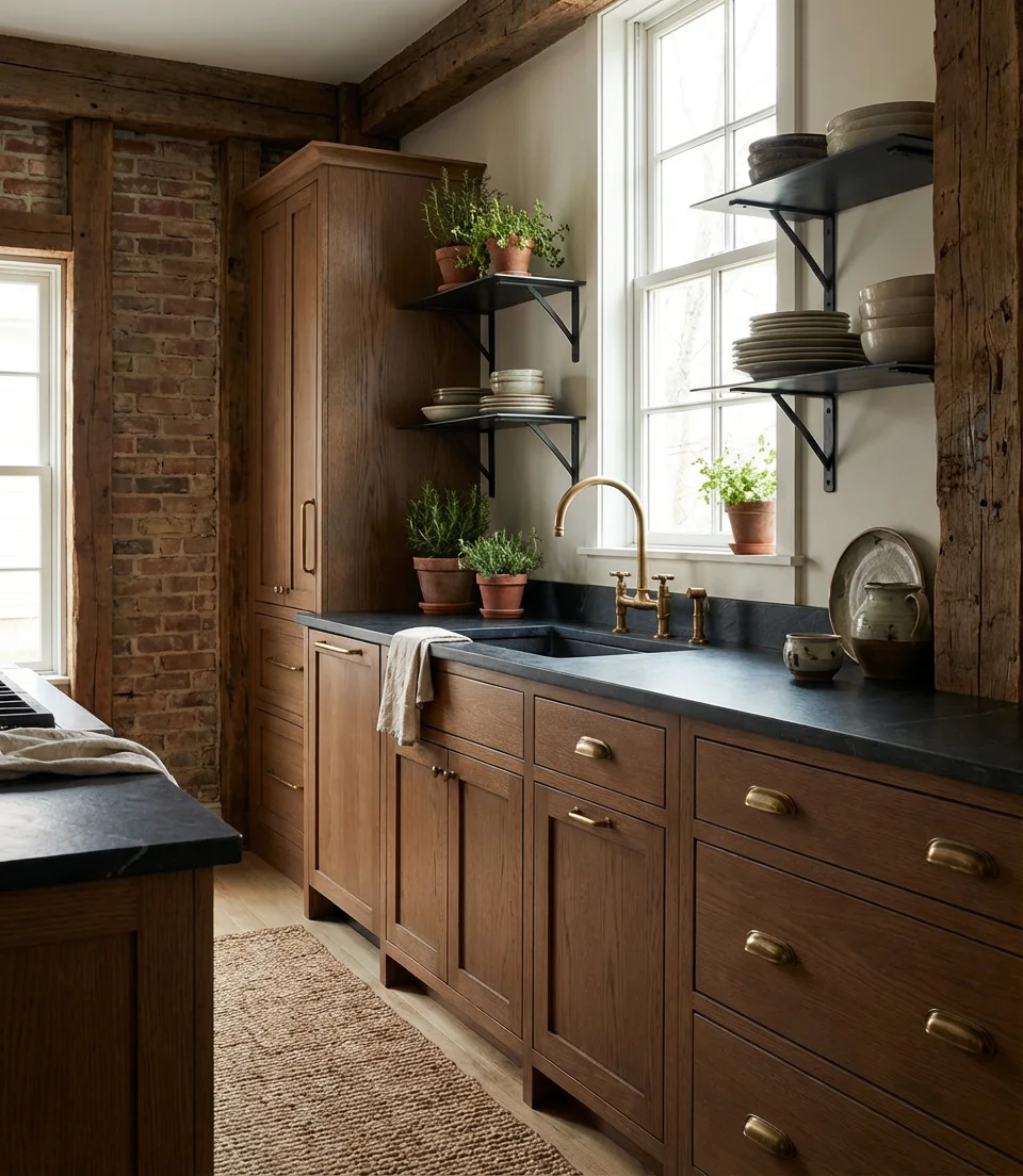 Brown Oak Cabinets with Stone and Metal Details 1
