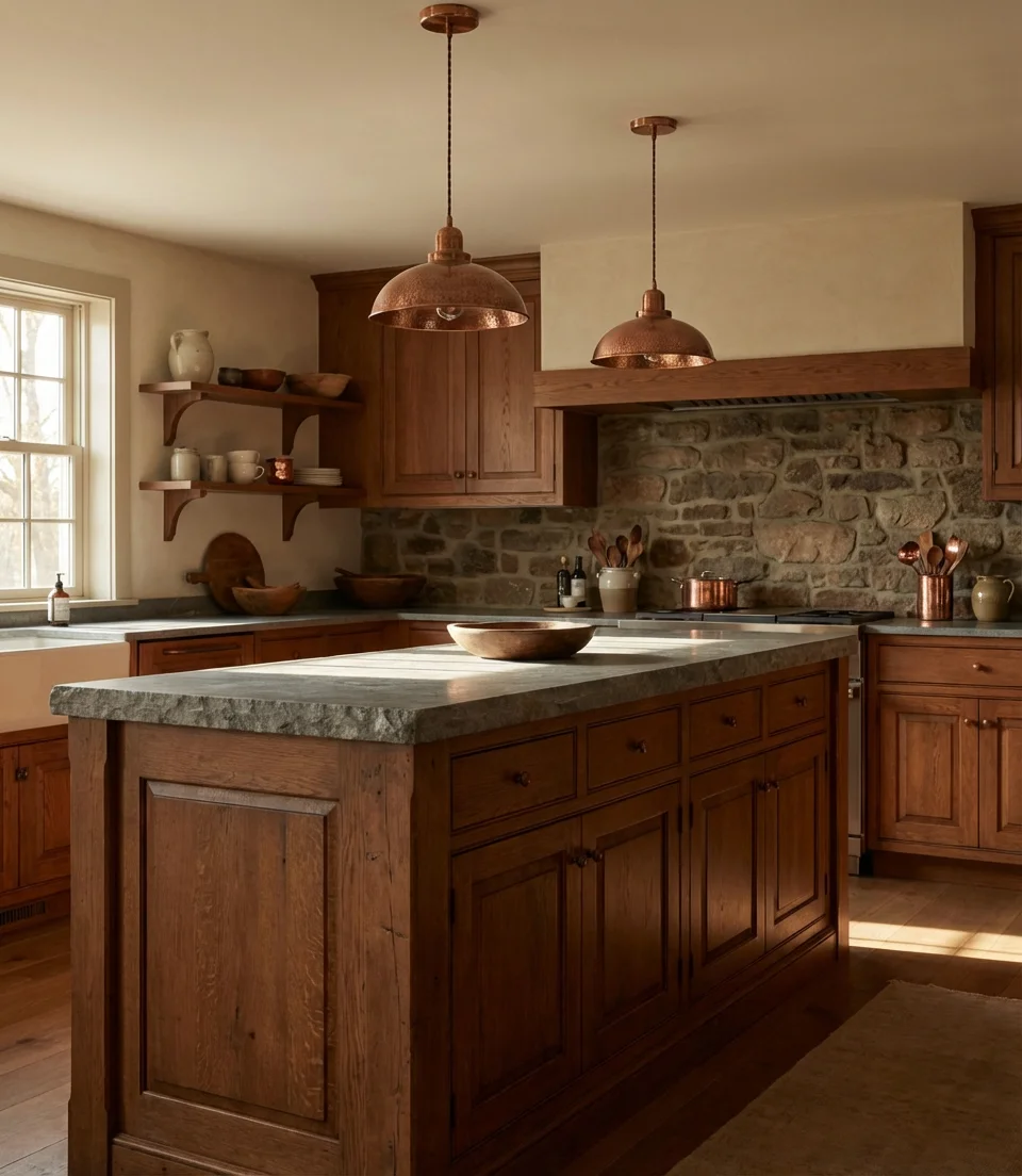 Brown Oak Cabinets with Stone and Metal Details 2