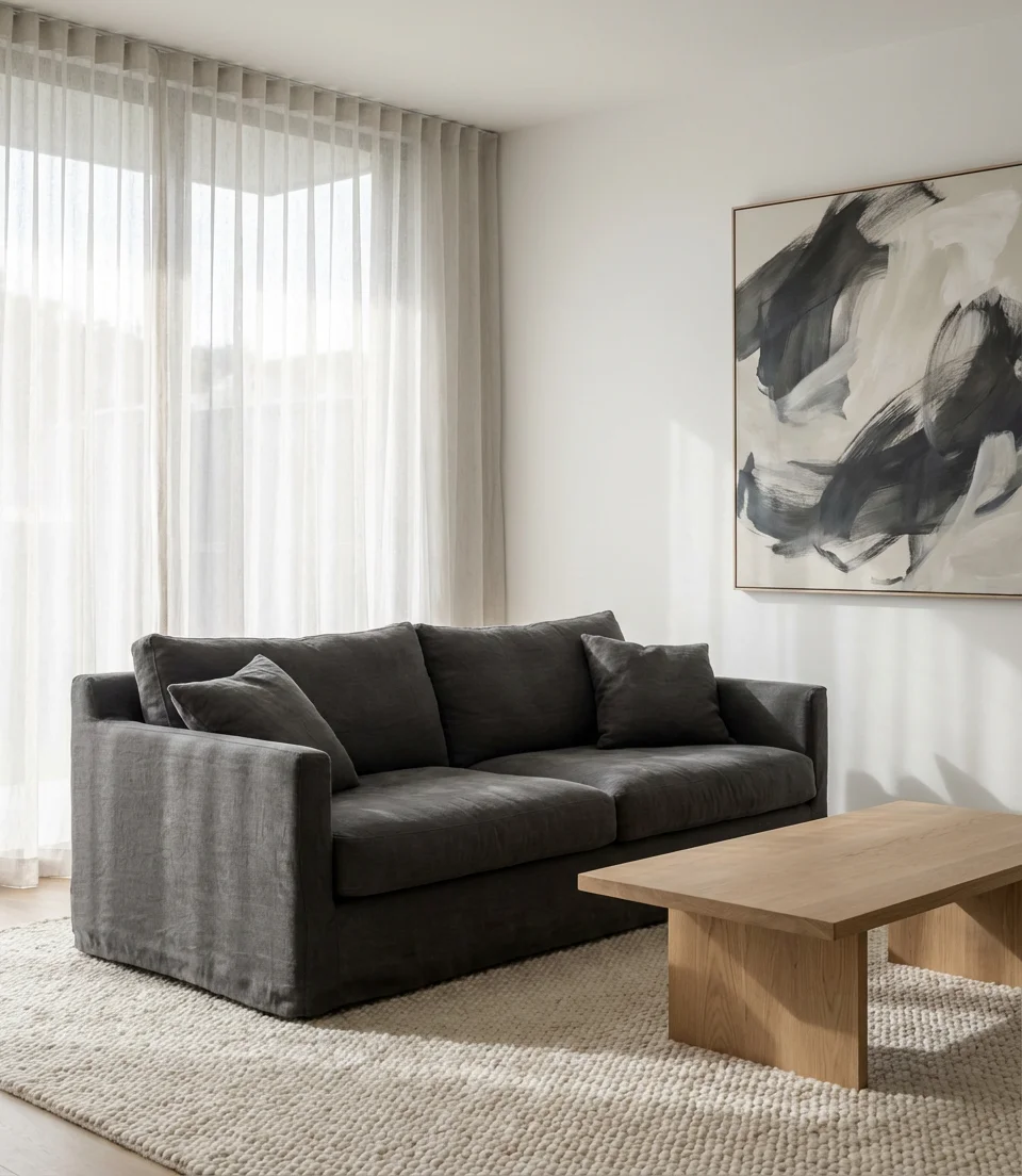 Charcoal Couch Against a White Room 1