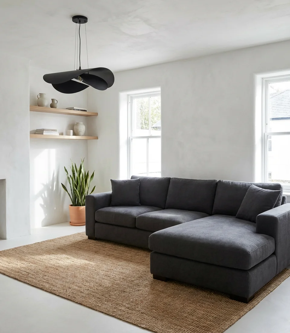 Charcoal Couch Against a White Room 2