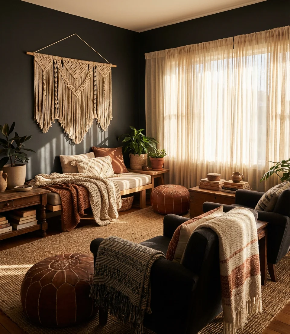 Charcoal Walls with Layered Textiles 1