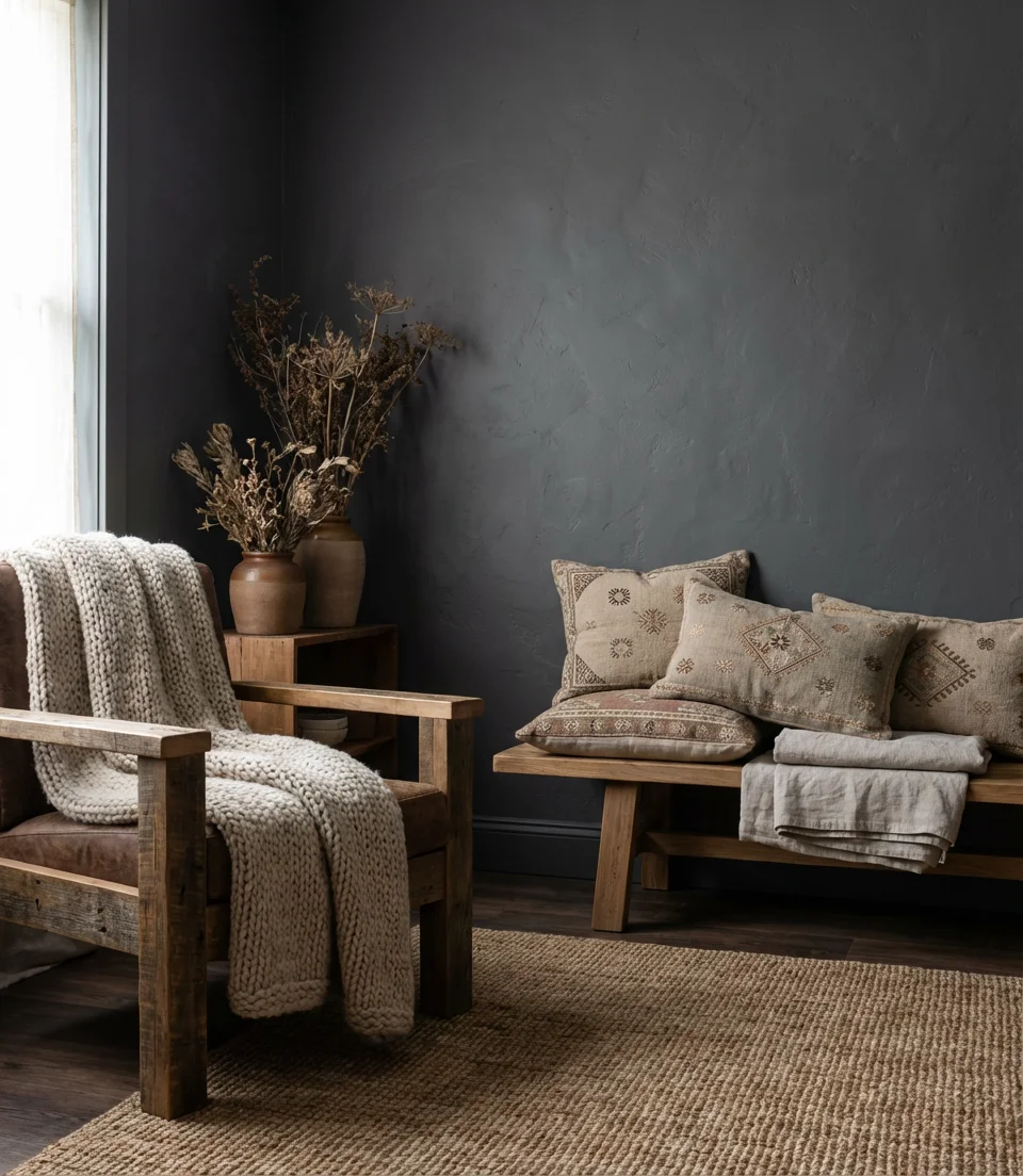 Charcoal Walls with Layered Textiles 2