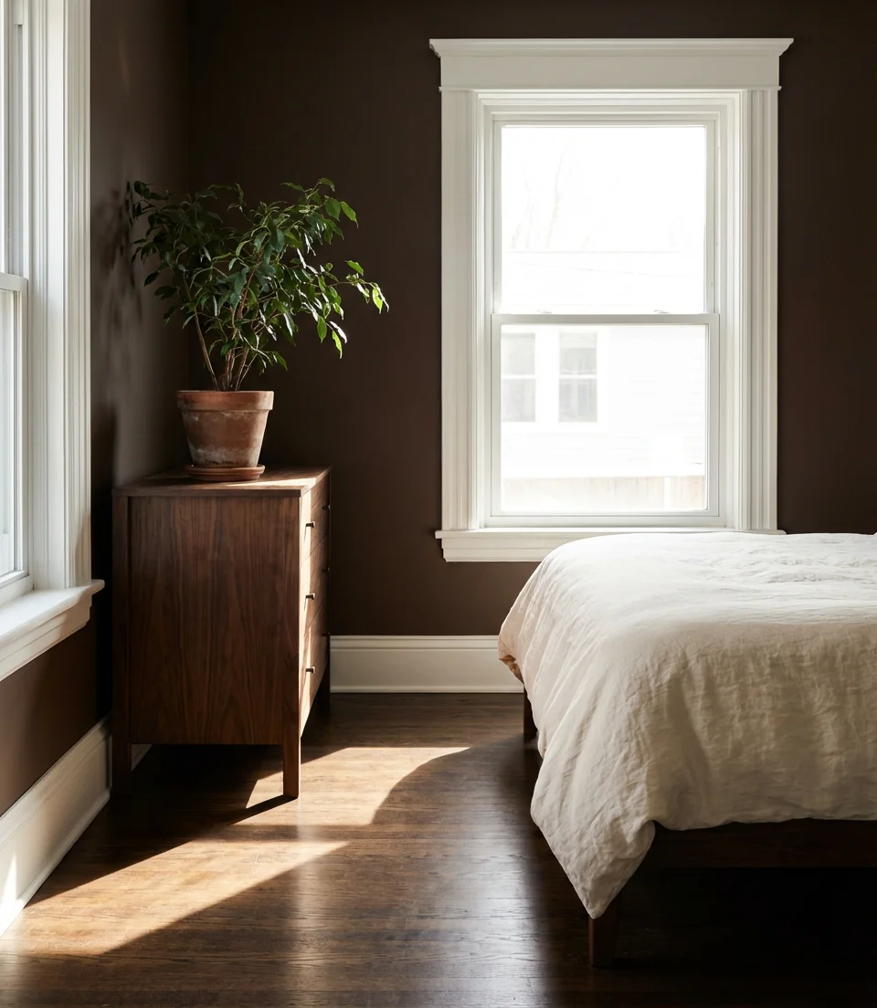Chocolate Brown Walls with Warm White Trim 2